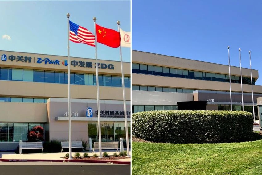 Bejiing-based technology hub ZGC used to have Chinese-language signs and a Chinese flag at its outpost in Santa Clara, Calif., left. The signs and flag recently disappeared. PHOTO: FROM LEFT: GOOGLE; ROLFE WINKLER/THE WALL STREET JOURNAL