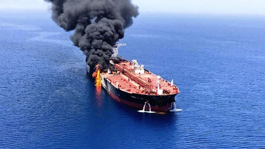 An oil tanker is on fire in the sea of Oman on June 13: Asian governments must quickly assess the threat and respond. © AP