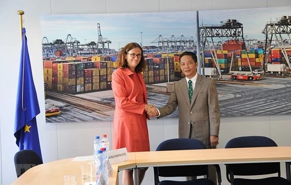 Minister of Industry and Trade Tran Tuan Anh (R) and European Commissioner for Trade Cecilia Malmström during a meeting in Belgium in 2018 (Photo: VNA)