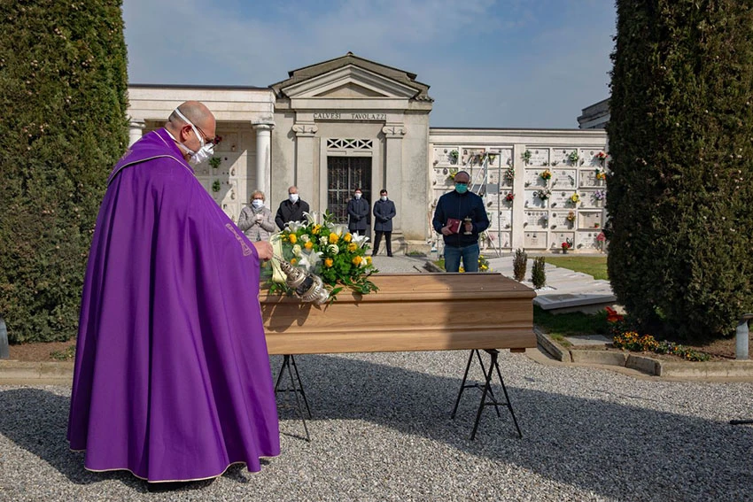 The Lombardy region, where this funeral was conducted in Cigole, near Brescia, accounts for 58% of Italy’s official coronavirus deaths. PHOTO: FRANCESCA VOLPI FOR THE WALL STREET JOURNAL