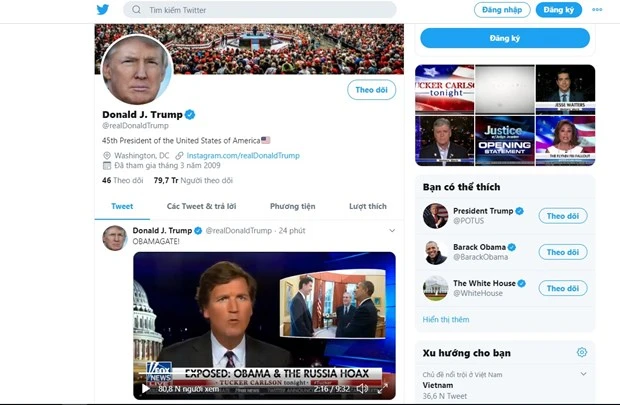 Ảnh chụp đoạn tweet mà ông Donald Trump mới đang tải trên tài khoản Twitter.