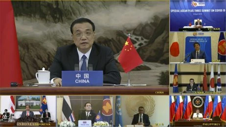 In this screen grab from a video provided by Vietnamese national television VTV, shows Chinese Prime Minister Li Keqiang speaks to ASEAN Plus Three leaders during a virtual summit on Tuesday, Apr.14, 2020. Credit: VTV via AP