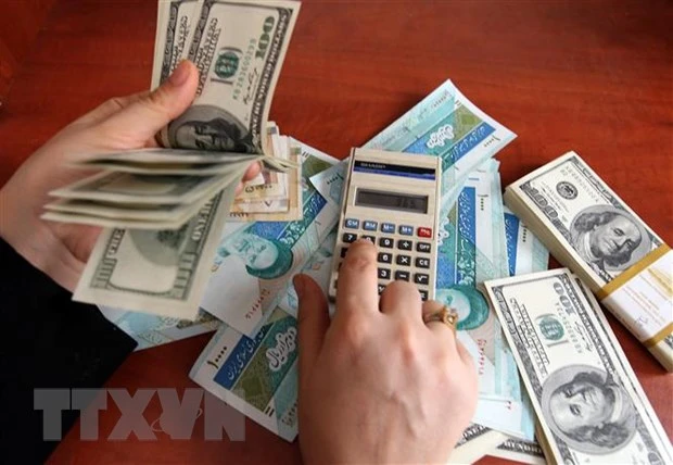 Đồng rial của Iran và đồng USD tại một cửa hàng đổi tiền ở Tehran, Iran. (Ảnh: AFP/TTXVN)
