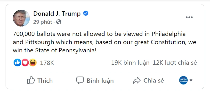 Bài đăng Facebook của ông Trump sáng ngày 14/11/2020.