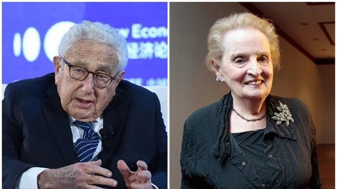 Hai cựu Ngoại trưởng Henry Kissinger và Madeleine Albright vừa bị ông Trump sa thải khỏi Ban chính sách Quốc phòng (Ảnh: Dongfang).