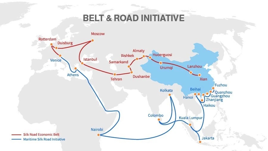 Bản đồ về Con đường tơ lụa - màu đỏ là vành đai kinh tế, màu xanh là đường biển Ảnh: Silk Road Briefing