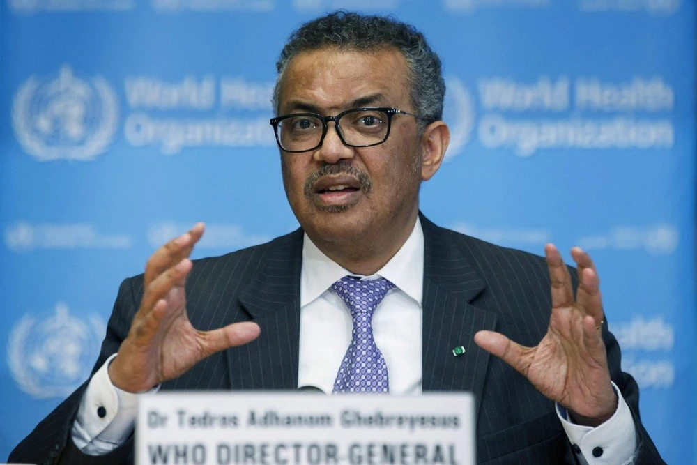 Tổng Giám đốc WHO Tedros Adhanom Ghebreyesus phát biểu trong cuộc họp báo tại trụ sở WHO ở Geneva. Ảnh: AP