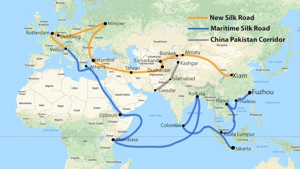 Màu cam là Con đường tơ lụa mới, màu xanh là Con đường tơ lụa trên biển, màu xám là Hành lang kinh tế Trung Quốc–Pakistan. Ảnh: Chính phủ Trung Quốc/FOX News đăng