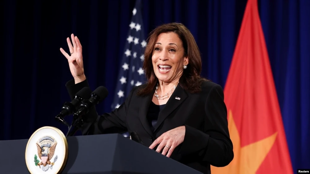 U.S. Vice President Kamala Harris holds a news conference before departing Vietnam for the United States following her first official visit to Asia, in Hanoi, Vietnam, August 26, 2021.