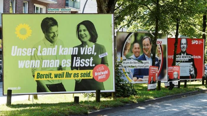 Election posters of the leading candidates to replace Angela Merkel as chancellor. Berlin has long accused Moscow of seeking to access the digital networks of its political institutions © Fabian Bimmer/Reuters