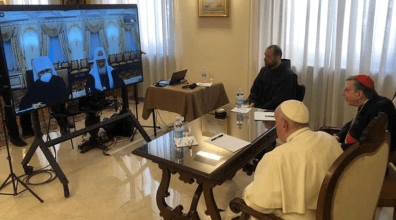 Giáo hoàng Phanxicô tham gia cuộc gọi điện video với Thượng phụ Kirill vào ngày 16/3/2022. | Truyền thông Vatican.