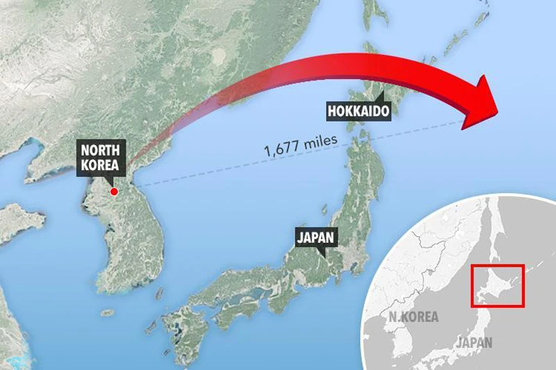 Tên lửa CHDCND Triều Tiên phóng sáng 29-8-2017 bay khoảng 2.700 km qua đảo Hokkaido của Nhật Bản