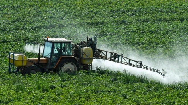 Người nông dân phun thuốc diệt cỏ tại Meteren, miền bắc nước Pháp. Ảnh: BBC