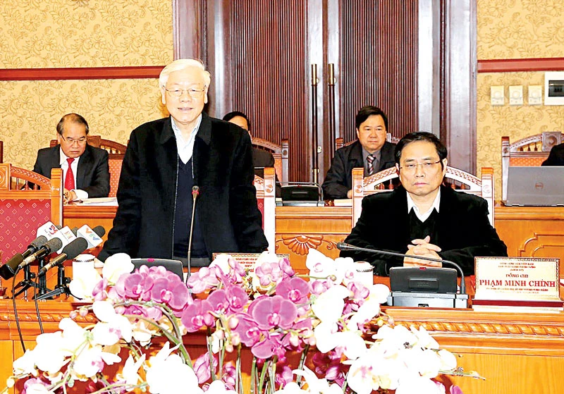 Tổng Bí thư Nguyễn Phú Trọng phát biểu kết luận tại cuộc họp đầu tiên năm Mậu Tuất 2018 của Ban Bí thư Ảnh: TTXVN