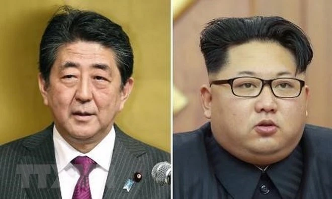 Thủ tướng Nhật Bản Shinzo Abe (trái) và Nhà lãnh đạo Triều Tiên Kim Jong-un. (Nguồn: Kyodo/TTXVN)