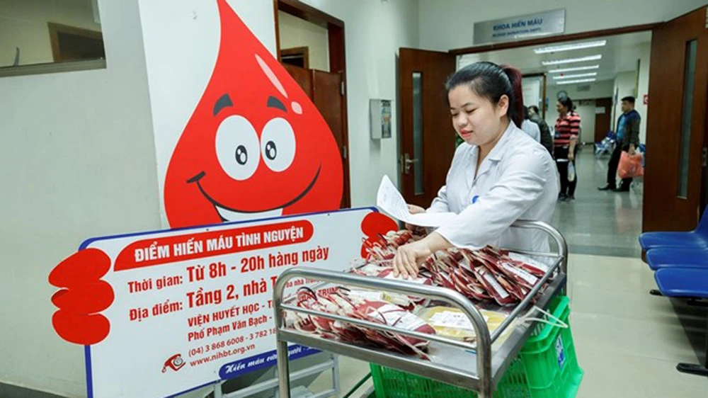 Nhân viên y tế vận chuyển máu về kho lưu trữ. Ảnh: Vietnam+