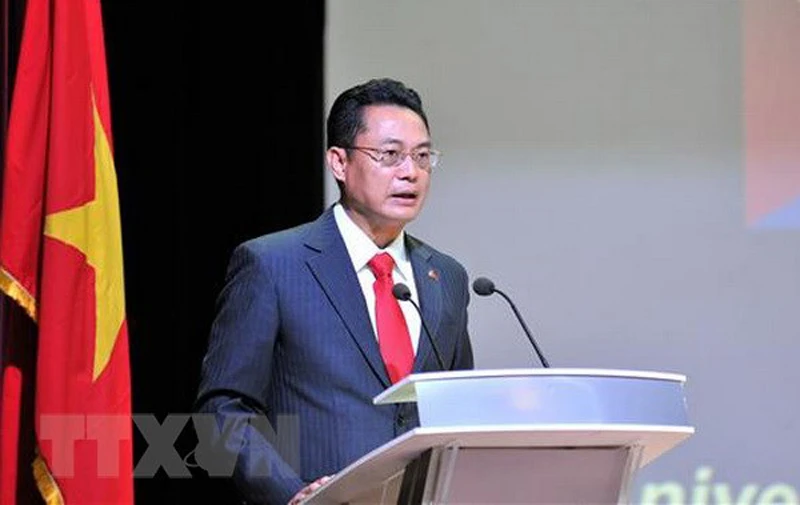 Đại sứ Việt Nam tại Cuba Nguyễn Trung Thành phát biểu tại Lễ kỷ niệm. (Ảnh: TTXVN)