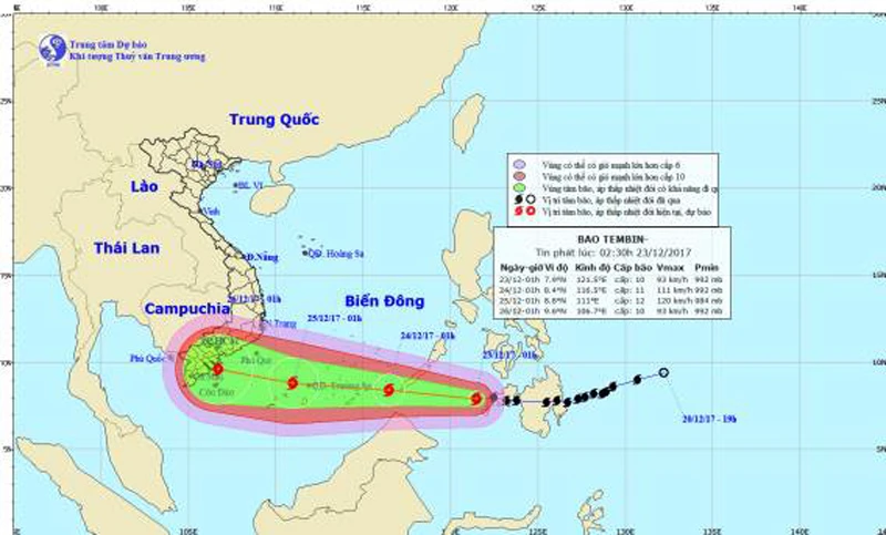 Đường đi và vị trí cơn bão. Ảnh: Trung tâm Dự báo khí tượng thủy văn Trung ương