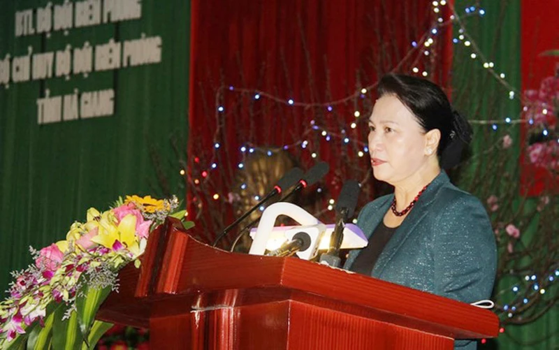 Chủ tịch Quốc hội Nguyễn Thị Kim Ngân làm việc với Bộ chỉ huy Bộ đội biên phòng tỉnh Hà Giang. Ảnh: VOV