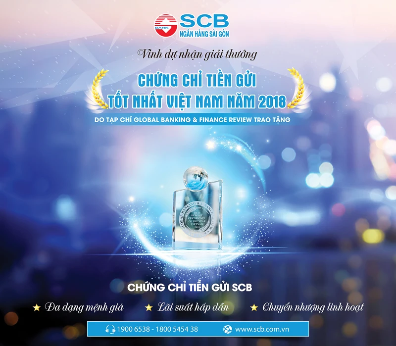 SCB đón nhận Giải thưởng Chứng chỉ Tiền gửi tốt nhất Việt Nam 2018