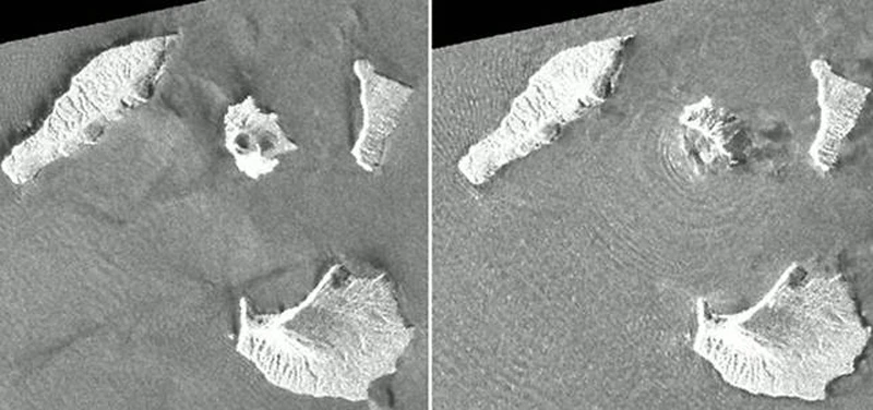 Núi lửa Anak Krakatoa trước (ảnh trái) và sau khi phun trào ngày 22-12-2018 (ảnh phải), với một khu vực khoảng 2 km² của núi lửa đã sụp đổ xuống biển. Hình ảnh chụp từ vệ tinh ALOS-2 của Cơ quan Không gian Nhật Bản (JAXA)