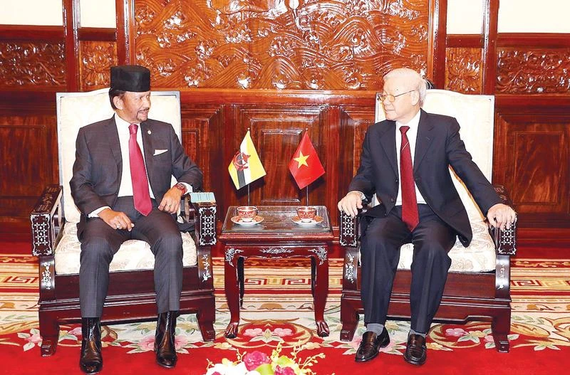 Tổng Bí thư, Chủ tịch nước Nguyễn Phú Trọng hội đàm hẹp với Quốc vương Brunei Hassanal Bolkiah. Ảnh: TTXVN