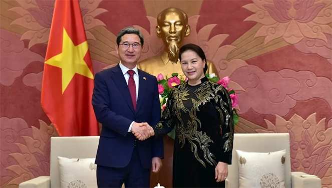 Chủ tịch Quốc hội Nguyễn Thị Kim Ngân tiếp Chủ tịch Nhóm nghị sĩ hữu nghị Hàn-Việt Kim Hack Yong. Ảnh: VGP