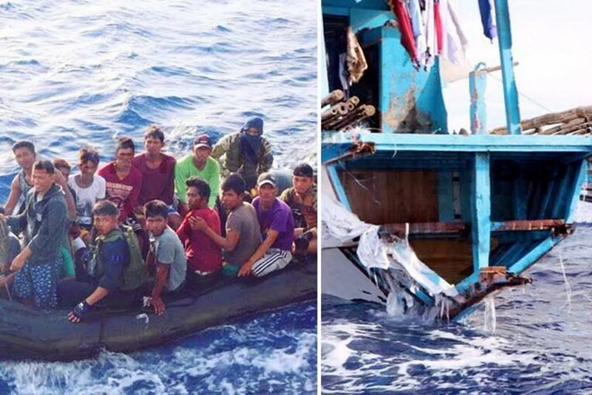 Một nhóm ngư dân được đưa vào bờ và tàu cá bị thiệt hại. Ảnh: Hải quân Philippines