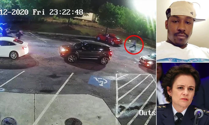 Cảnh sát trưởng Atlanta Erika Shields (ảnh nhỏ ở dưới) từ chức hôm 13-6 sau vụ cảnh sát bắn chết Rayshard Brooks (ảnh nhỏ ở trên) bên ngoài cửa hàng Wendy vào tối ngày 12-6. Ảnh: Daily Mail