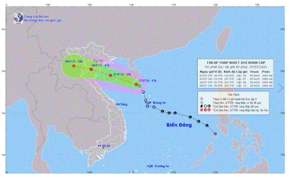 Vị trí và đường đi của áp thấp nhiệt đới. Ảnh: Trung tâm Dự báo Khí tượng Thủy văn Quốc gia