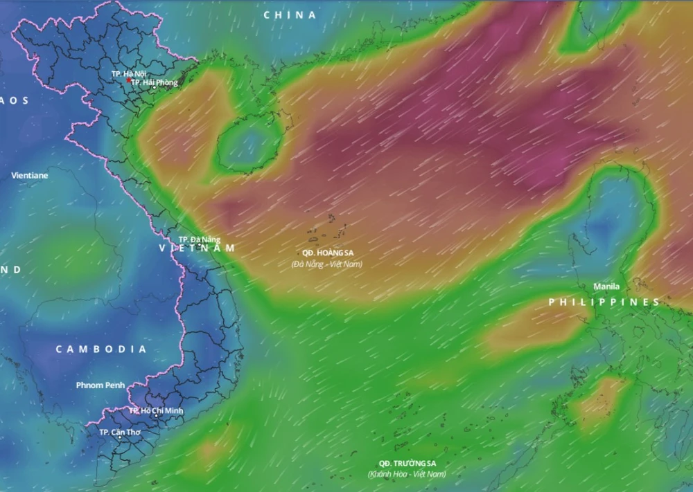 Ở vịnh Bắc bộ, vùng biển từ Quảng Trị đến Cà Mau và nhiều khu vực ở Biển Đông, không khí lạnh đã gây ra gió mùa Đông Bắc cấp 6 đến 7, giật cấp 9. Ảnh: vndms