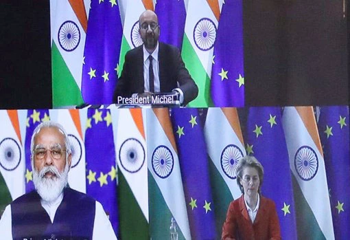 Lãnh đạo EU và Ấn Độ tại một hội nghị thượng đỉnh trực tuyến. Ảnh: Reuters