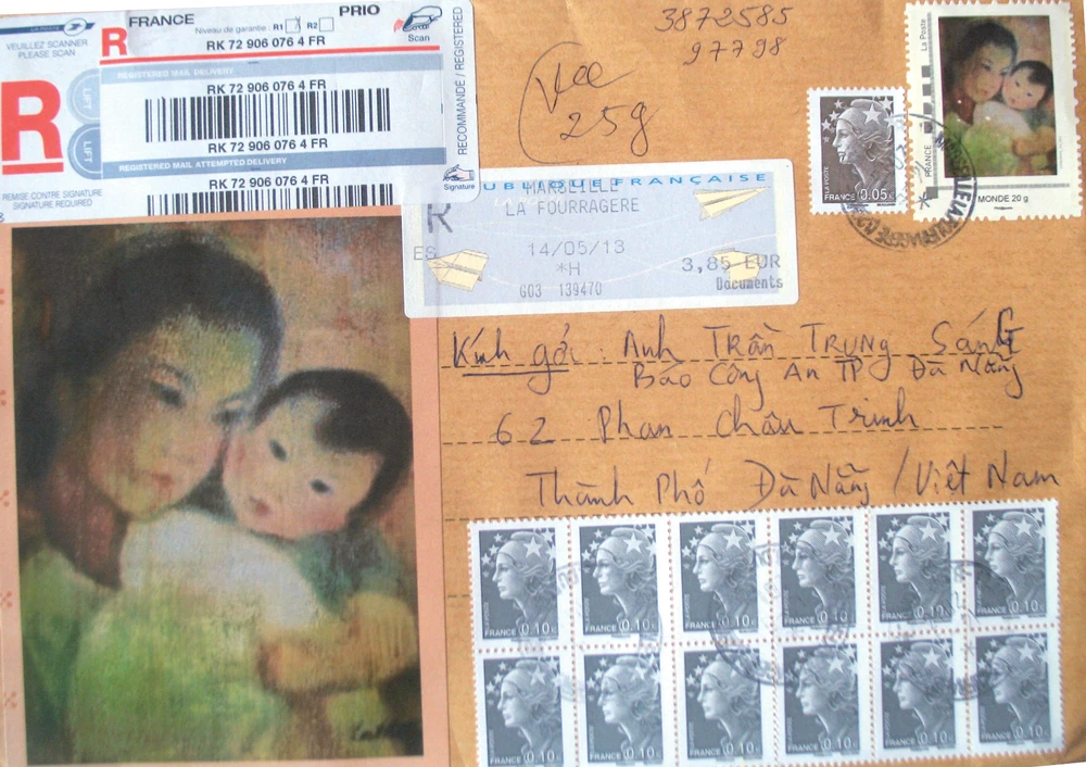 Bì thư gửi từ Marseille của Gérard in tem tranh “Tình mẫu tử” của Lê Thị Lựu.
