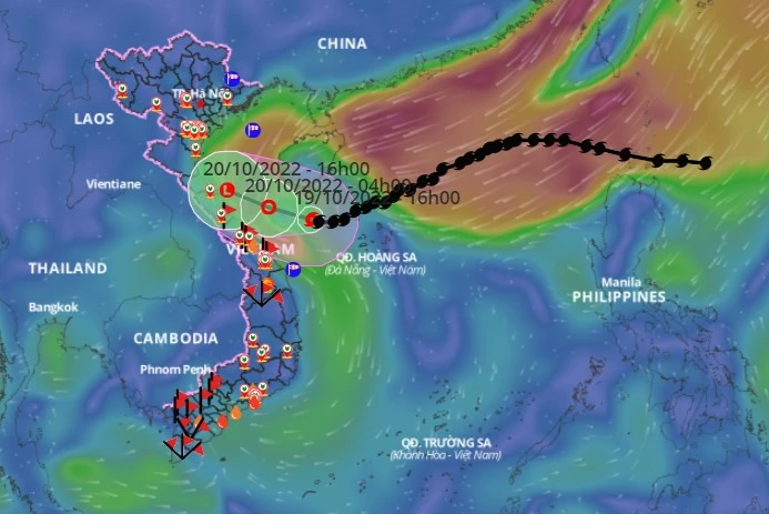 Ví trí và đường đi của áp thấp nhiệt đới lúc 23 giờ ngày 19-10. Ảnh: VNDMS