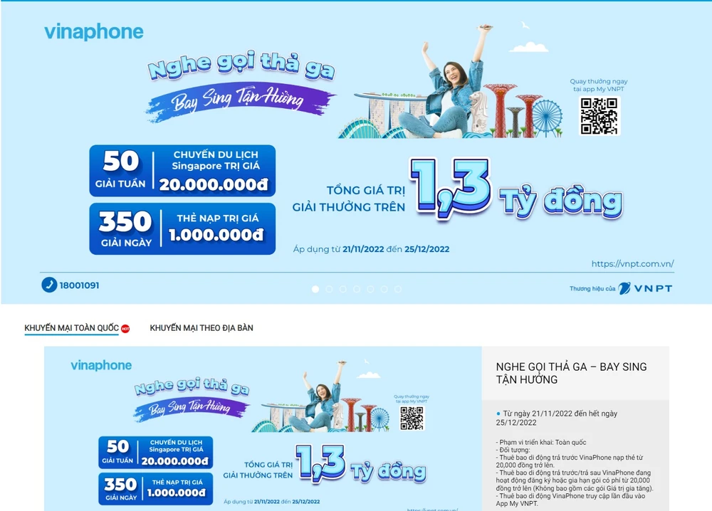 VinaPhone tặng ngay 50 GIẢI TUẦN là chuyến du lịch Singapore