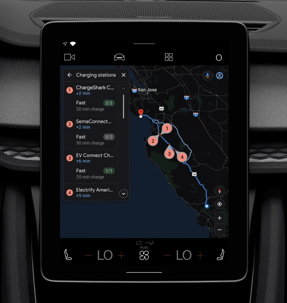 Ứng dụng trên Android Automotive hiển thị các trạm sạc EV tại California, Mỹ