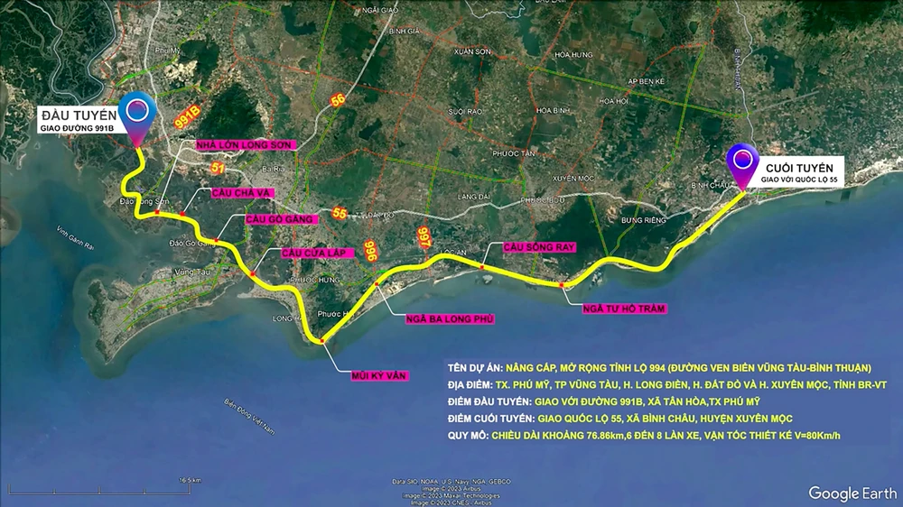 Bản đồ định tuyến dự án đường ven biển Vũng Tàu - Bình Châu (ĐT 994). Ảnh: Báo BR-VT