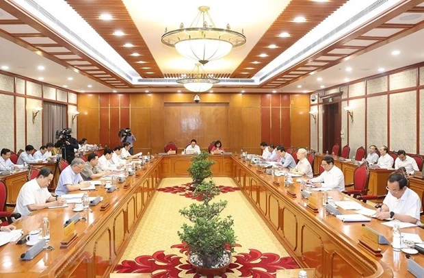 Tổng Bí thư Nguyễn Phú Trọng chủ trì cuộc họp Bộ Chính trị, Ban Bí thư. Ảnh: TTXVN