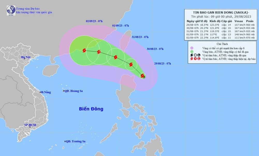 Dự báo vị trí và đường đi của bão Saola. Ảnh: TTDBKTTV Quốc gia