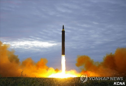 This photo released by North Korea's state news agency on Aug. 30, 2017, shows North Korea's firing of a Hwasong-12 intermediate-range ballistic missile, which flew over Japan a day earlier. (For Use Only in the Republic of Korea. No Redistribution) (Yonh