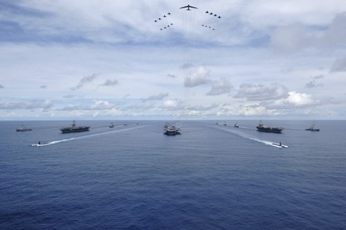 Three U.S. aircraft carriers -- USS Nimitz, USS Kitty Hawk, and USS John C. Stennis -- steam in formation during a 2007 training exercise in the Western Pacific in this photo released by the 7th Fleet. (Yonhap)