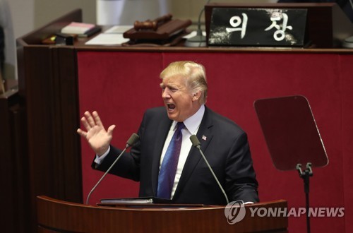 U.S. President Donald Trump delivers a speech at the National Assembly in Seoul on Nov. 8, 2017. (Yonhap)