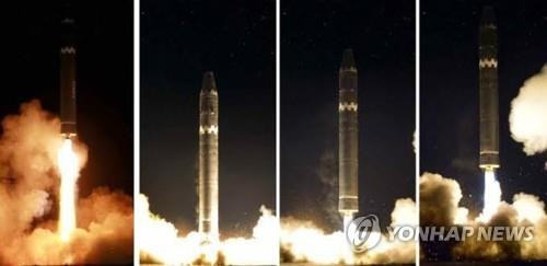 North Korea launches its new intercontinental ballistic missile on Nov. 29, 2017, in these photos released by its state media and shown to the outside world a day later. (For Use Only in the Republic of Korea. No Redistribution) (Yonhap)