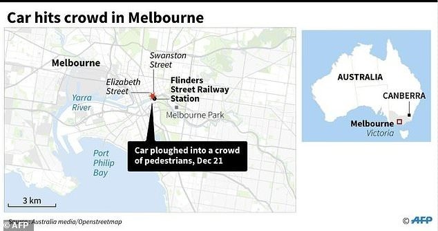 Close-up map of Melbourne locating the area where a car ploughed into a crowd on December 21, 2017. — AFP/VNA Photo 