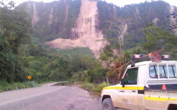 A road near the township of Tabubil was damaged in a landslide that was sparked by a strong earthquake yesterday. The bodies of three people killed by a massive earthquake in Papua New Guinea have been taken to Mendi hospital in the Southern Highlands. — 