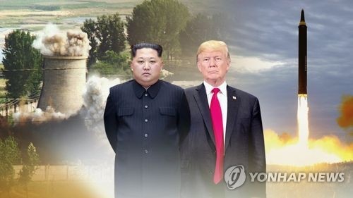 This image from Yonhap News TV shows North Korean leader Kim Jong-un (L) and U.S. President Donald Trump. (Yonhap)