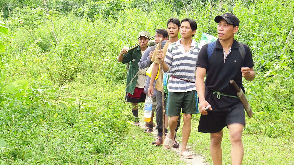 Xã đội trưởng Đinh Tân (người đi đầu) và các thành viên an ninh xã tuần tra bảo vệ rừng