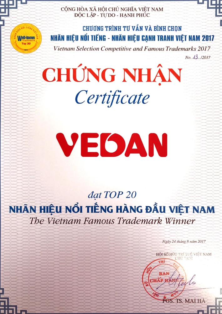 Vedan Việt Nam lần thứ hai liên tiếp được vinh dự nhận giải “Top 20 nhãn hiệu nổi tiếng hàng đầu Việ