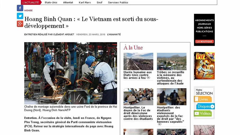 Trang mạng tờ l’Humanité của Pháp đăng bài về chuyến thăm của Tổng Bí thư Nguyễn Phú Trọng