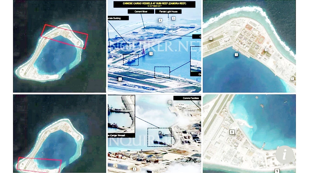 Sơ đồ vị trí mà Trung Quốc đã đưa tên lửa chống hạm, tên lửa đất đối không tầm xa lên 3 đảo nhân tạo: Đá Chữ Thập, Đá Xu Bi và Đá Vành Khăn. Ảnh: REUTERS